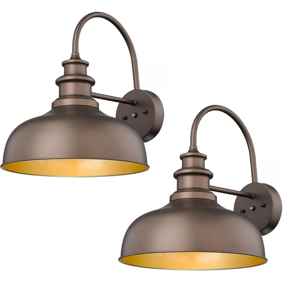 14 Inch Dome Dusk to Dawn Sensor Outdoor Barn Lights Farmhouse Industrial Porch Wall Lights Exterior Lighting Fixture for Front Door, Entryway(Oil Rubbed Bronze Finish+Gold Interior,2Pack)