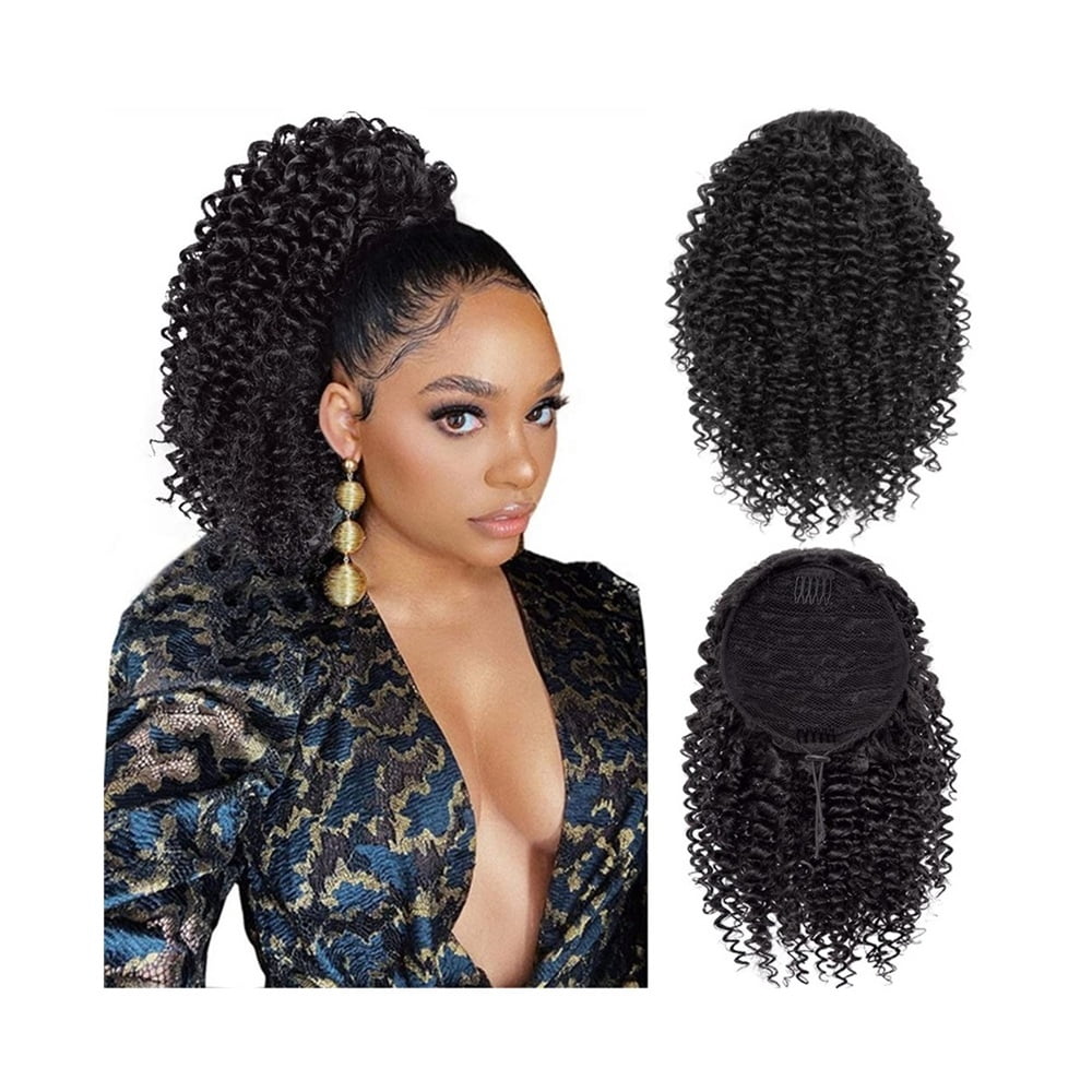 14 Inch Drawstring Ponytail Extension Synthetic Afro Kinky Curly Ponytail Hair Pieces Natural Color for Women