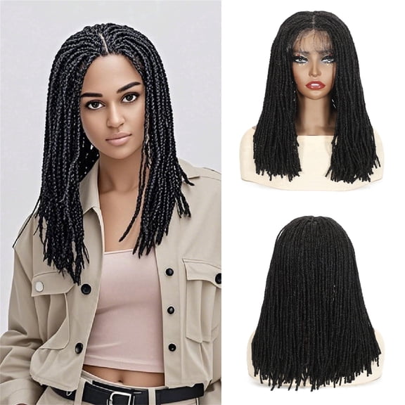 More Beautiful Full Lace Box Braid Wig for Women, 14 inch 300g Low Temperature Synthetic Fiber Hand Braided Black Micro Box Braids Wig with Baby Hair Daily Wear