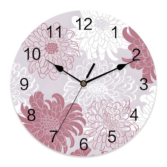 14 Inch Dusty Mauve Flower Wall Clock, White Brown Chrysanthemums Line Art Motifs Floral Battery Operated Silent Non Ticking Clocks, Easy to Read Round Wall Clock for Kitchen/Living Room/Bedroom