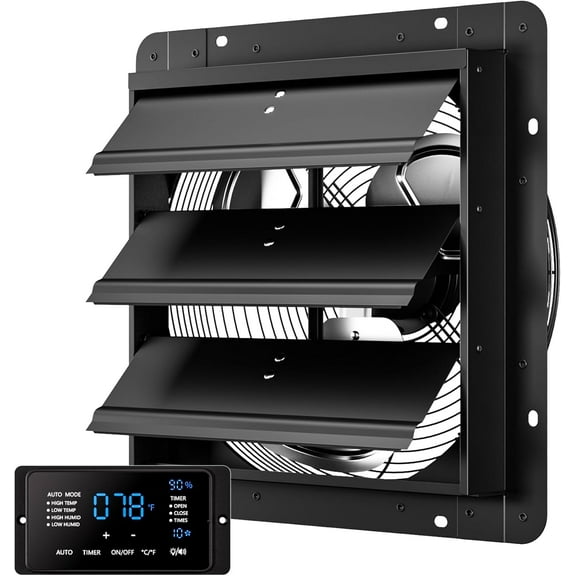 14 Inch EC Motor Shutter Exhaust Fan, 6 Inch Large Touchscreen Controller for Temp Humidity and Speed Control, 10-Speed Wall Mount Fan for Attic, Greenhouse, Garage, Chicken Coop Ventilation
