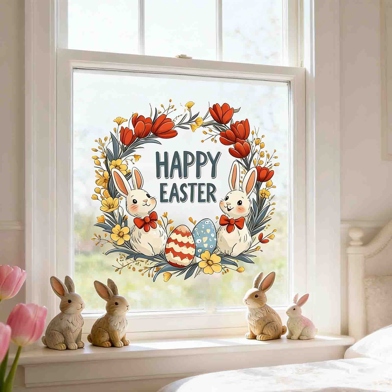 14 Inch Easter Bunny Egg Floral Wreath PVC Window Cling, Removable ...