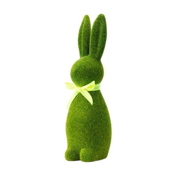 14 Inch Easter Bunny Figurine Green Moss Flocked Rabbit Statue with Yellow Ribbon Bow, Spring Home Decor, Indoor Easter Centerpiece, Decorative Grass Bunny Doll 14in Army Green