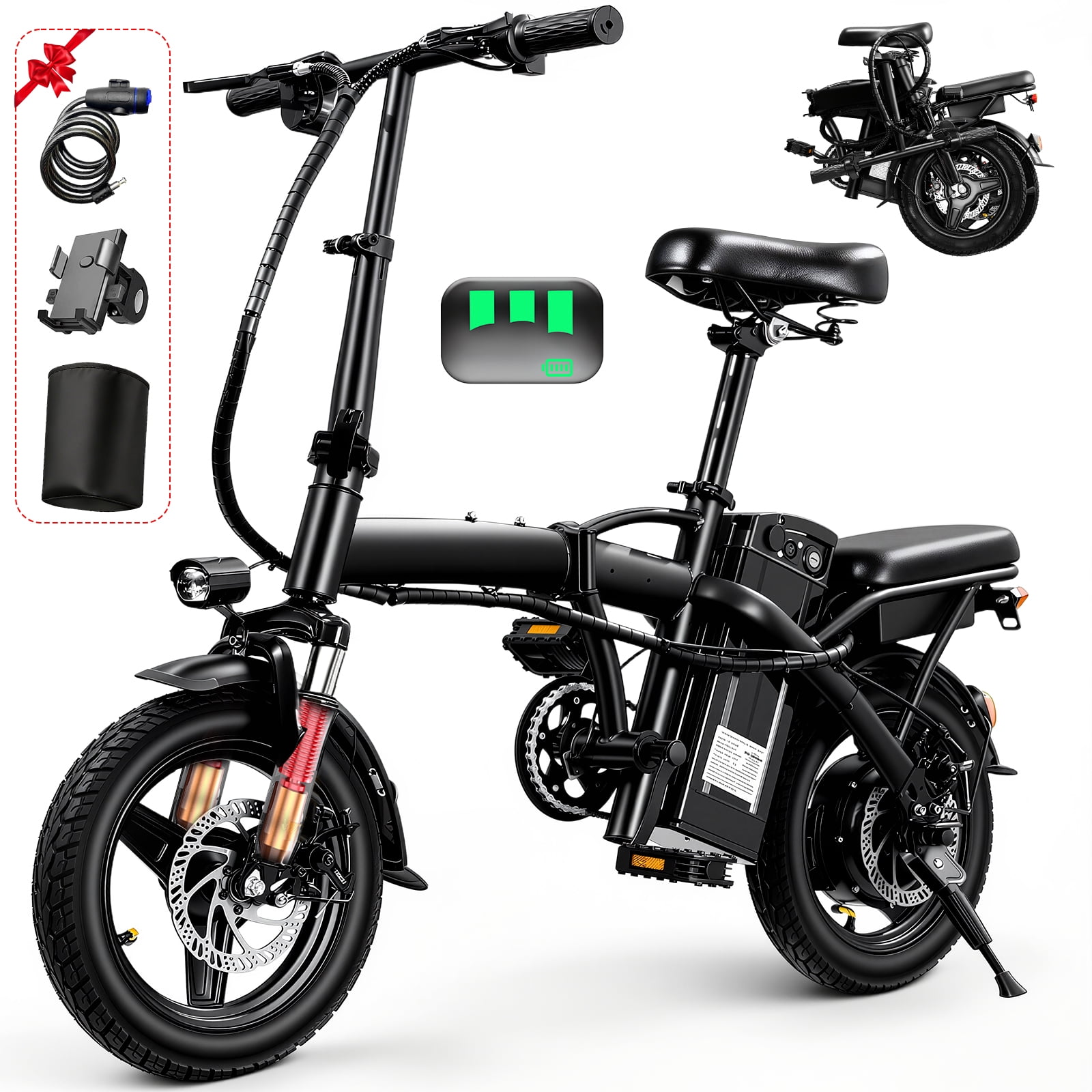 14 Inch Electric Bike for Adults - 48V 400W Dual Spring Shock Absorber, 5-6 Hours Fast Charging, Front and Rear LED Safety Lights, Foldable Portable Design, Best Choice for Commuting and Shopping