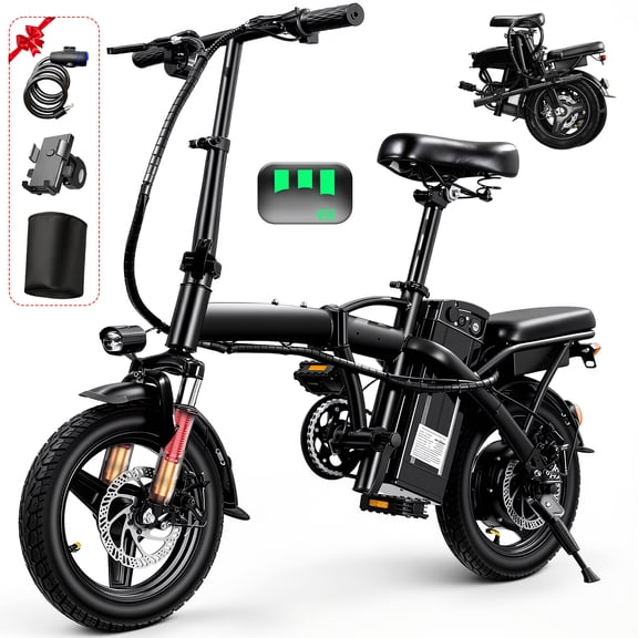 14 Inch Electric Bike for Adults - 48V 400W Dual Spring Shock Absorber, 5-6 Hours Fast Charging, Front and Rear LED Safety Lights, Foldable Portable Design, Best Choice for Commuting and Shopping