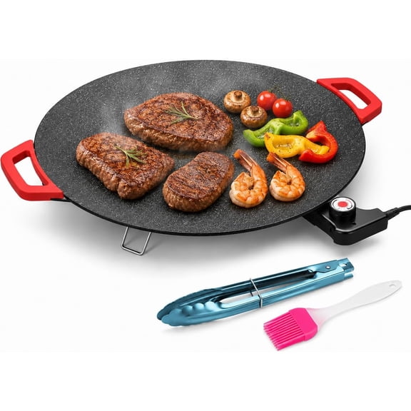 14 Inch Electric Indoor Grill Smokeless Nonstick, Round Electric Griddle with Adjustable Temp, Removable Nonstick Plate Dishwasher Safe, with Tools for Steak Pancakes, Extra Large