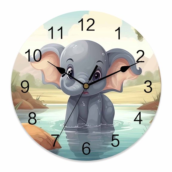 14 Inch Elephant Pool Water Wall Clock, Trees Reflection Bathing Elephant Battery Operated Silent Non Ticking Clocks, Easy to Read Round Wall Clock for Kitchen/Living Room/Bedroom/Bathroom