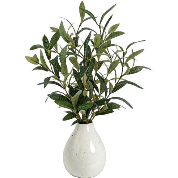 14 Inch Fake Olive Plant with Ceramic Planter, Artificial Olive Branch Topiary for Tabletop, Realistic Small Potted Greenery for Farmhouse Shelf Desk Centerpiece