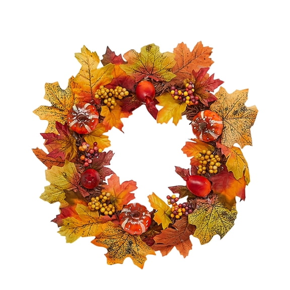 14-Inch Fall Wreath with Maple Leaves, Pumpkins, and Berries, for Front Doors, Indoor and Outdoor Wall Hanging, Seasonal Decor for Autumn Celebrations,as shown
