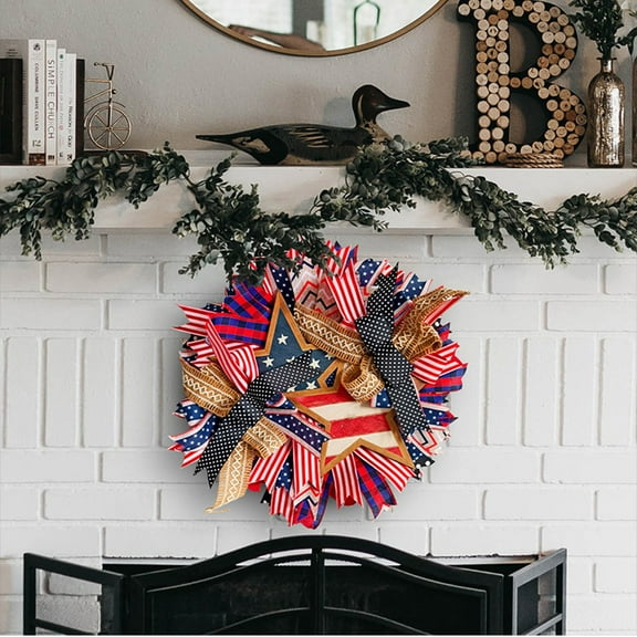 14 Inch Five Pointed Star Patriotic Ribbon Wreath, Handmade American Independence Day Vine Wreath Decoration, For Front Door Porch Living Room Wall Outdoor Garden For Family And