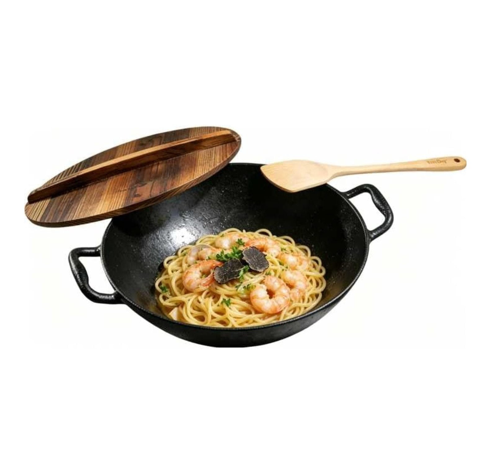 14 Inch Flat Bottom Cast Iron Wok with Lid, Pre-Seasoned Non Toxic ...
