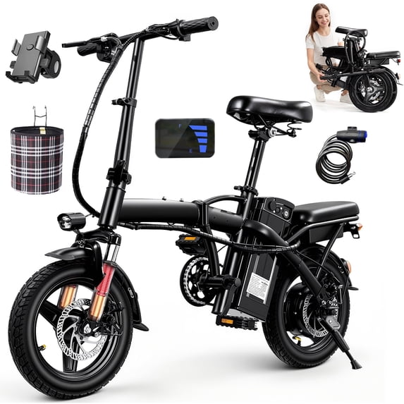 14 Inch Foldable Adult Electric Bicycle, 48V 10Ah 560W Motor, 3-Speed Gearing, Dual Spring Shock Absorbers, Front and Rear Led Safety Lights, Portable Design Class 2 UL2849