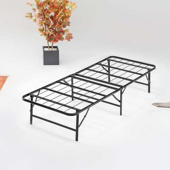 14-Inch Foldable Metal Platform Bed Frame with Tool Free Setup, Sturdy Steel, No Box Spring Needed, 75" x 30", Black