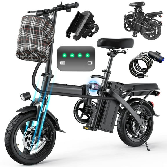 14 Inch Folding Electric Bicycle, 560W Adult Electric Bicycle, 48V 10.4Ah, Maximum Range of 32 Miles, Dual Disc Brake Safety System, 3-Speed Riding, Front Fork with Shock Absorption, Black
