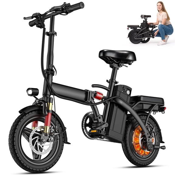 14 Inch Folding Electric Bicycle, 400W Adult Electric Bicycle, 48V 10.4Ah,Top Speed 18Mph, Dual Disc Brake Safety System, 3-Speed Riding, Front Fork With Shock Absorption, Black