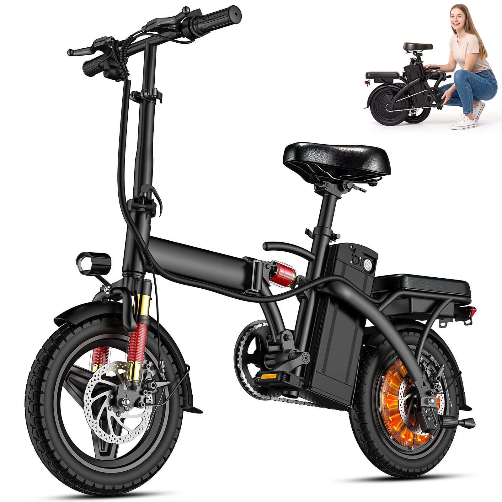 14 Inch Folding Electric Bicycle, 500W Adult Electric Bicycle, 48V 10.4Ah,Top Speed 20Mph, 3-Speed Riding, Front Fork With Shock Absorption, Black