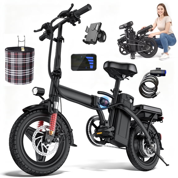 14 Inch Folding Electric Bicycle, 560W Adult Electric Bicycle, 48V 10.4Ah, Maximum Range of 32 Miles, Dual Disc Brake Safety System, 3-Speed Riding, Front Fork with Shock Absorption, Black