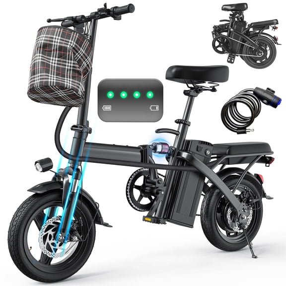 14 Inch Folding Electric Bicycle, 560W Adult Electric Bicycle, 48V 10.4Ah, Maximum Range of 32 Miles, Dual Disc Brake Safety System, 3-Speed Riding, Front Fork with Shock Absorption, Black