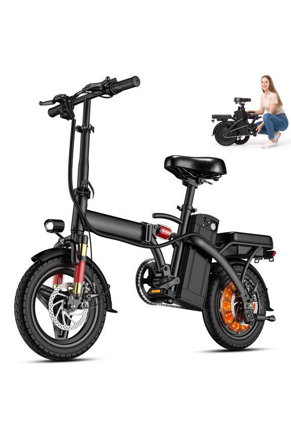 14 Inch Folding Electric Bicycle, 400W Adult Electric Bicycle, 48V 10.4Ah,Top Speed 18Mph, Dual Disc Brake Safety System, 3-Speed Riding, Front Fork With Shock Absorption, Black