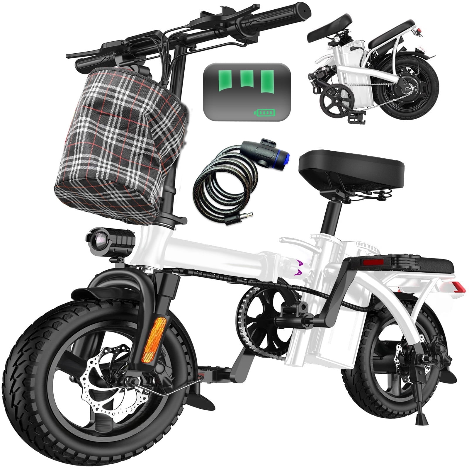 14 Inch Folding Electric Bicycle, 560W Adult Electric Bicycle, 48V 10.4Ah, Maximum Range of 32 Miles, Dual Disc Brake Safety System, 3-Speed Riding, Front Fork with Shock Absorption, White