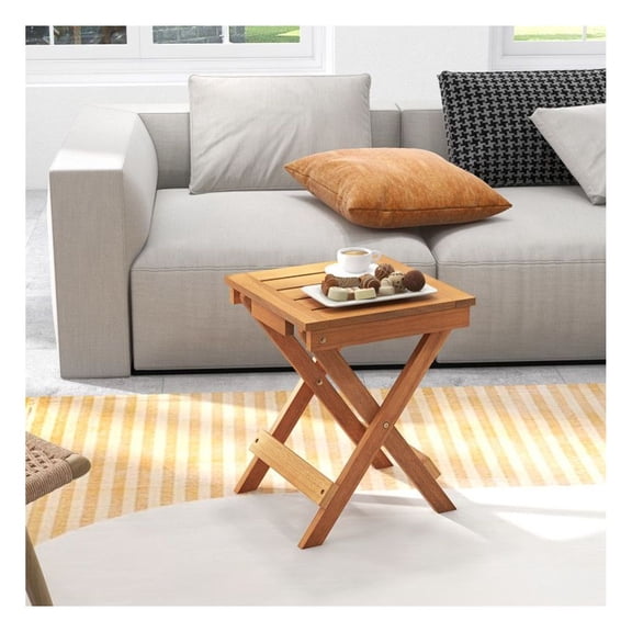 14 Inch Folding Side Table, Compact Hardwood Coffee Table with Slatted Top, Lightweight Portable End Table for Bedroom, Living Room, Camping, Indoor & Outdoor Use