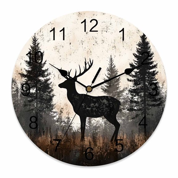 14 Inch Forest Elk Silhouette Wall Clock, Retro Animal Tree Battery Operated Silent Non Ticking Clocks, Easy to Read Round Wall Clock for Kitchen/Living Room/Bedroom/Bathroom