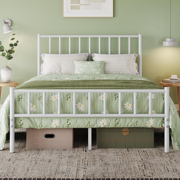 14 Inch Full Size Bed Frame Metal Platform Bed with Spindle Headboard Footboard/Mattress Foundation/No Box Spring Needed/Underbed Storage Space/Steel Slat Support/Easy Set up, White