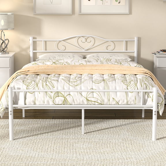 14 Inch Full Size Metal Platform Bed Frame with Headboard and Footboard, Heavy Duty Mattress Foundation with Steel Slats Support, No Box Spring Needed, White