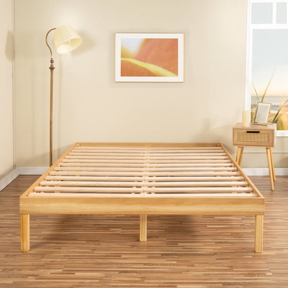 14 Inch Full Solid Wood Platform Bed Frame, No Squeak Bed Frame with Wooden Slats, No Box Spring Needed, 9.2” Under Bed Storage – Natural