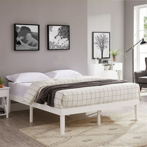 14 Inch Full Solid Wood Platform Bed Frame, No Squeak Bed Frame with Wooden Slats, No Box Spring Needed, 9.2” Under Bed Storage – White