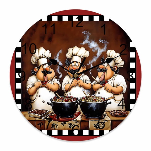 14 Inch Funny Chefs Wall Clock, Chef Cooking Food Red Plaid Battery Operated Silent Non Ticking Clocks, Easy to Read Round Wall Clock for Kitchen/Living Room/Bedroom/Bathroom