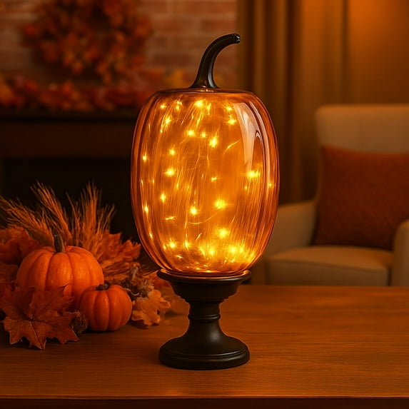 14 Inch Glass Pumpkin Harvest Decoration with LED String Lights, Black Base,Autumn Themed Tabletop Decor for Fall, Thanksgiving, Halloween