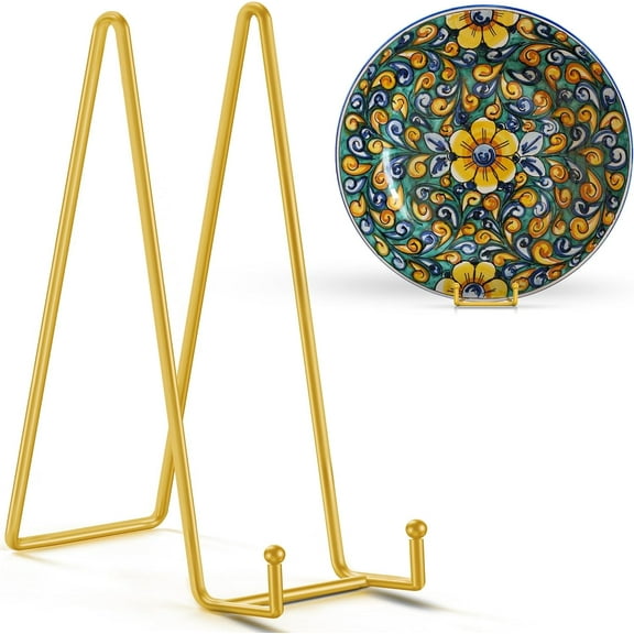 14 Inch Gold Metal Plate Stand (2 Pack) - Heavy Duty Display Easel for Large Plates, Frames, Platters and Art