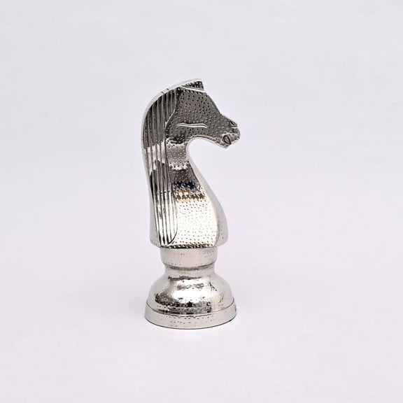 14 Inch Hammered Nickel Aluminum Chess Knight Sculpture, Elegant Contemporary Tabletop Decor