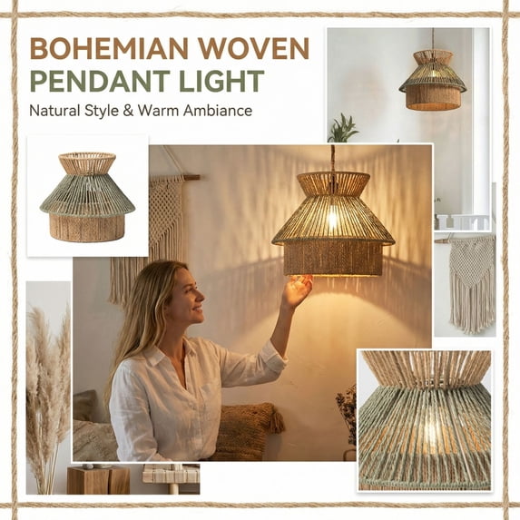 14 Inch Handwoven Boho Pendant Light Shade, Vintage Rustic Wicker Lamp Shade With Natural Woven Texture, Farmhouse Style Hanging Lamp Cover For Living Room, Bedroom, Dining Room,