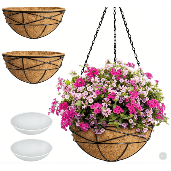 14 Inch Hanging Planters with Coco Liner, Metal Chain Hanging Baskets for Outdoor Plants, Round Hanging Flower Pots for Porch Balcony Garden Patio Decor, Indoor Outdoor Use 2 Pack