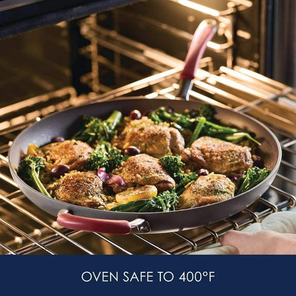 14 Inch Hard Anodized Nonstick Frying Pan with Helper Handle, Gray/Red