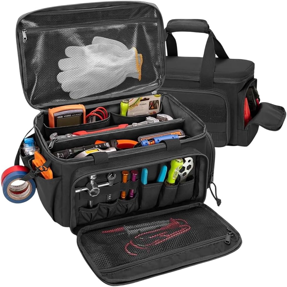 14-Inch Heavy-Duty Canvas Tool Bag, 600D Oxford Cloth Tool Organizer with 16+ Multi Pockets, Waterproof Tote for Electrician, Plumber, Carpenter, Handyman, DIY, Home Improvement (Black,One size)