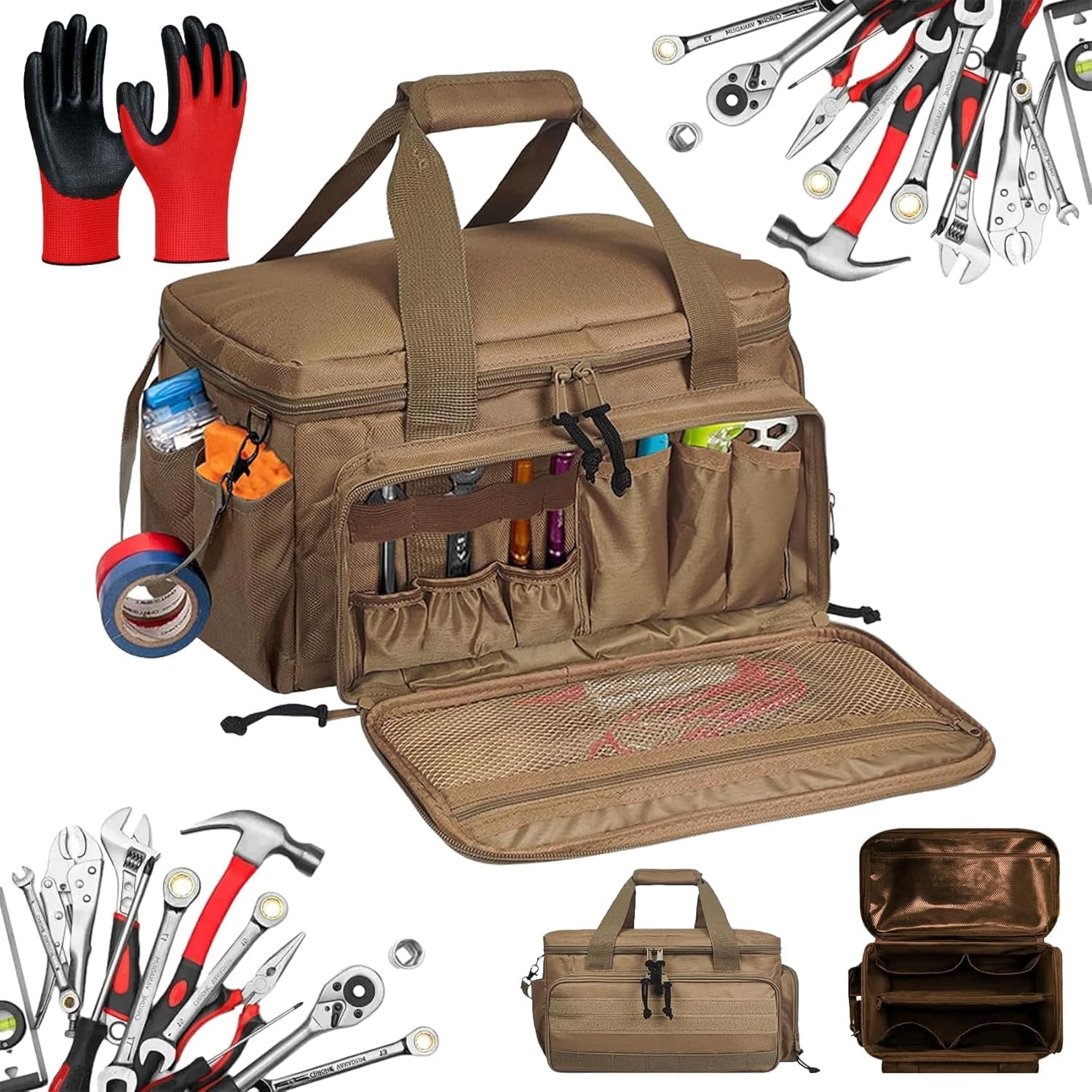 14-Inch Heavy-Duty Canvas Tool Bag, Multi-function Large Capacity Tool Bag Organizer Tote Bag with Adjustable Shoulder Strap, Exterior Pockets for Hand Tools for Electrician Plumber, Brown