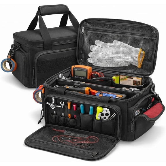14-Inch Heavy-Duty Canvas Tool Bag, Multi-function Large Capacity Tool Organizer Bag, Exterior Pockets for Hand Tools, Adjustable Shoulder Strap for Electrician, Plumber, Handyman, (Black)