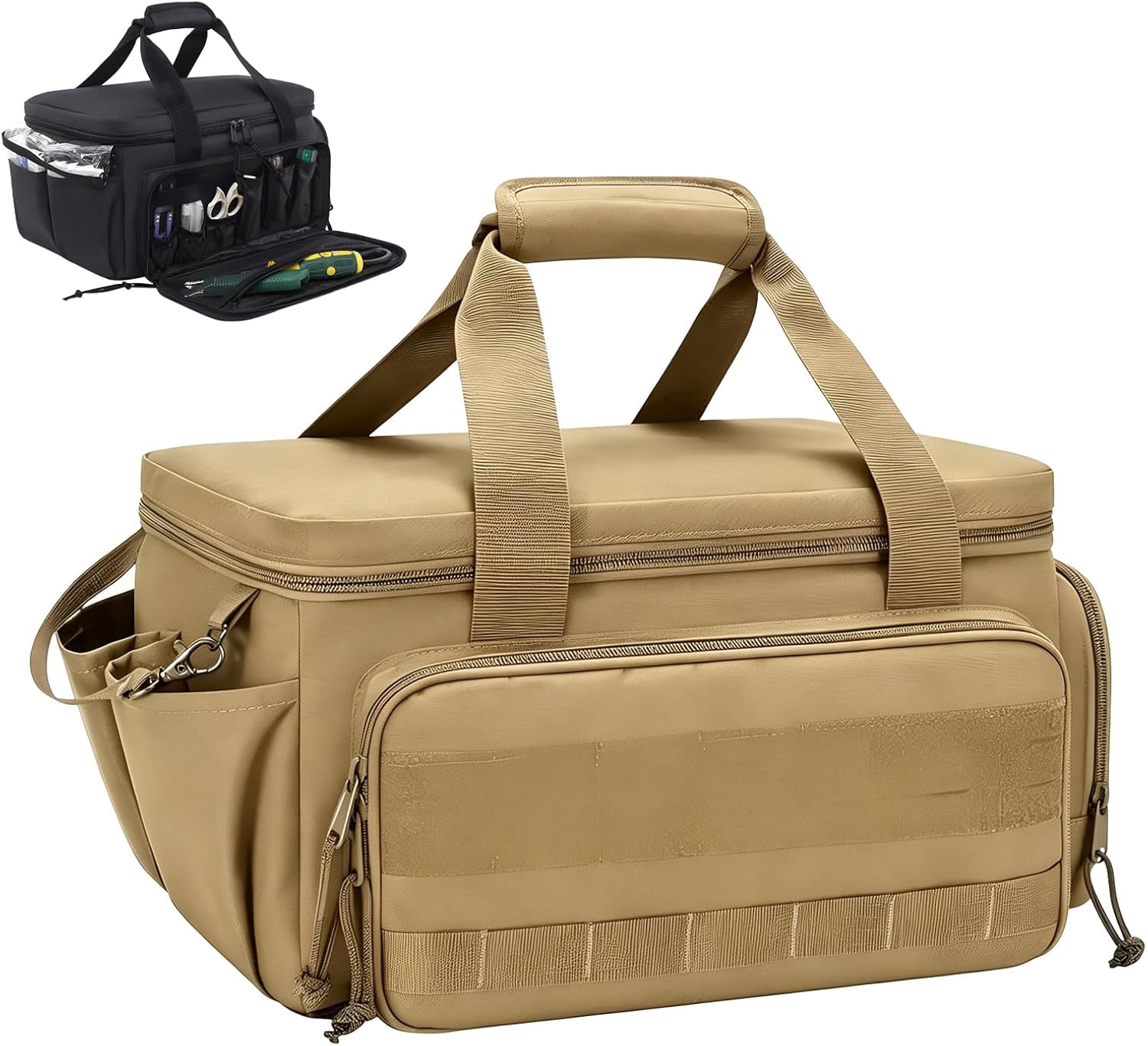 14-Inch Heavy-Duty Canvas Tool Bag, Multi-function Large Capacity Tool Organizer Tote Bag with Adjustable Shoulder Strap and Ergonomic Handle for Electrician, Plumber, Handyman (Khaki)