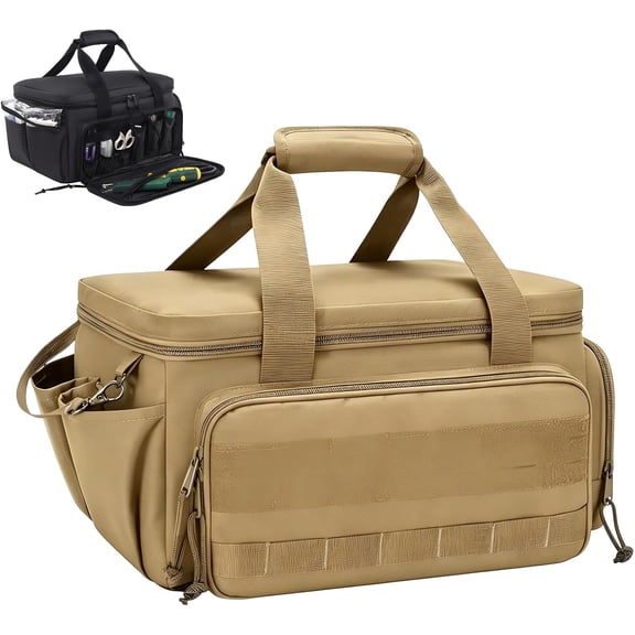 14-Inch Heavy-Duty Canvas Tool Bag, Multi-function Large Capacity Tool Organizer Tote Bag with Adjustable Shoulder Strap and Ergonomic Handle for Electrician, Plumber, Handyman (Khaki)