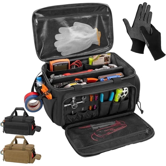 14-Inch Heavy-Duty Canvas Tool Bag, Multi-function Large Capacity Tool Organizer Tote Bag with Adjustable Shoulder Strap and Ergonomic Handle for Electrician, Plumber, Handyman (Black)