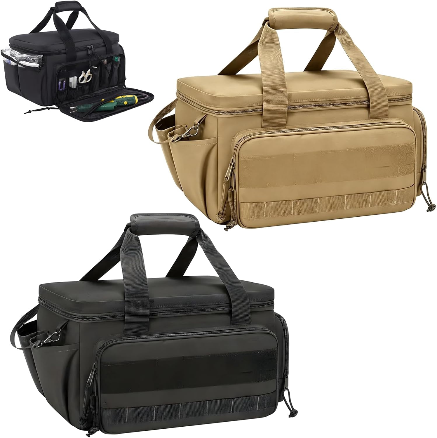 14-Inch Heavy-Duty Canvas Tool Bag, Multi-function Large Capacity Tool Organizer Tote Bag with Adjustable Shoulder Strap and Ergonomic Handle for Electrician, Plumber, Handyman (Black+Khaki)