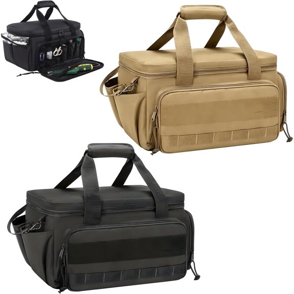 14-Inch Heavy-Duty Canvas Tool Bag, Multi-function Large Capacity Tool Organizer Tote Bag with Adjustable Shoulder Strap and Ergonomic Handle for Electrician, Plumber, Handyman (Black+Khaki)