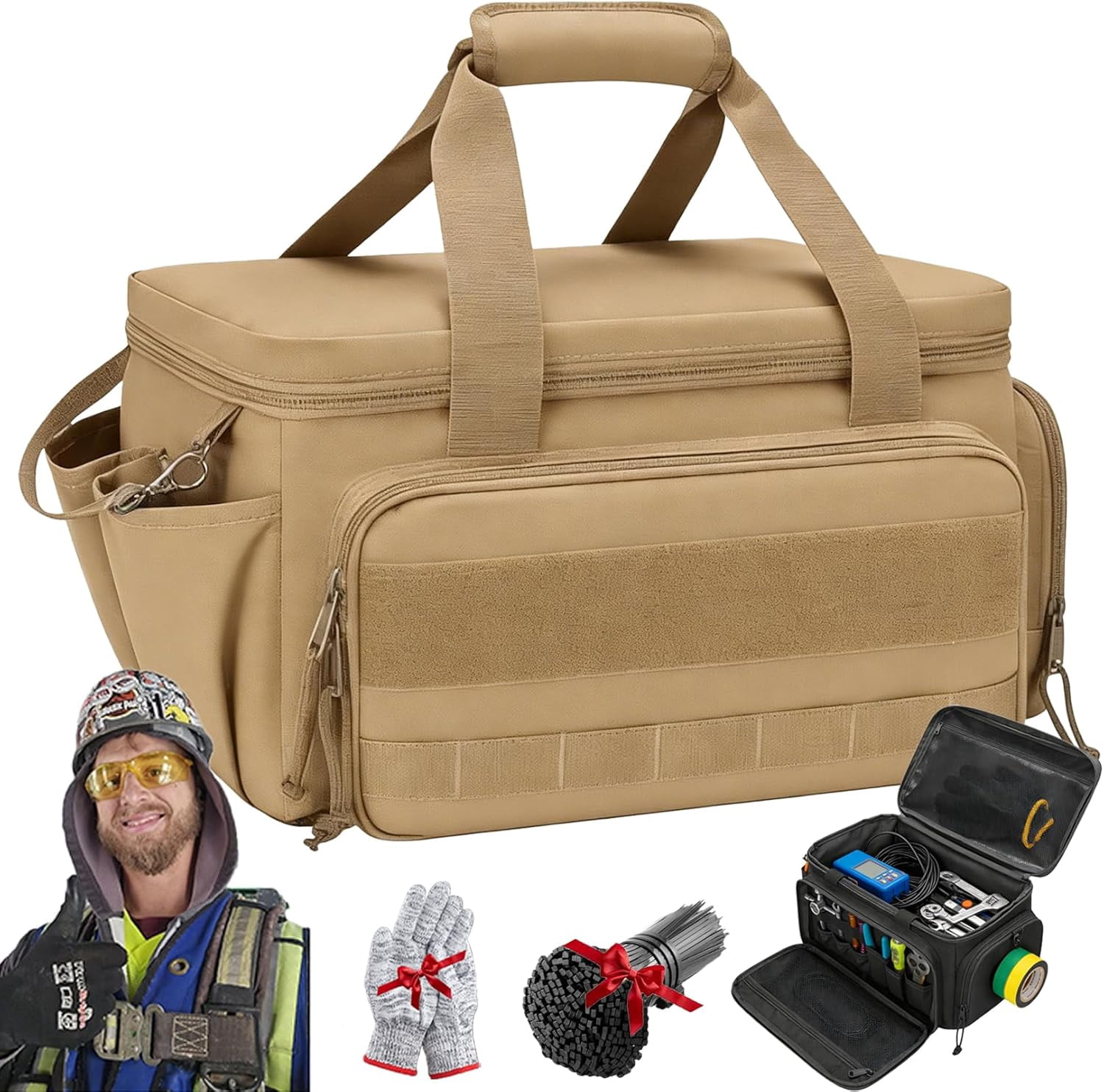 14-Inch Heavy-Duty Canvas Tool Bag, Small Tool Bag with Zipper, Durable Construction, Spacious Compartment & Versatile Carry, for Electrician, Mechanic, Etc (Khaki)