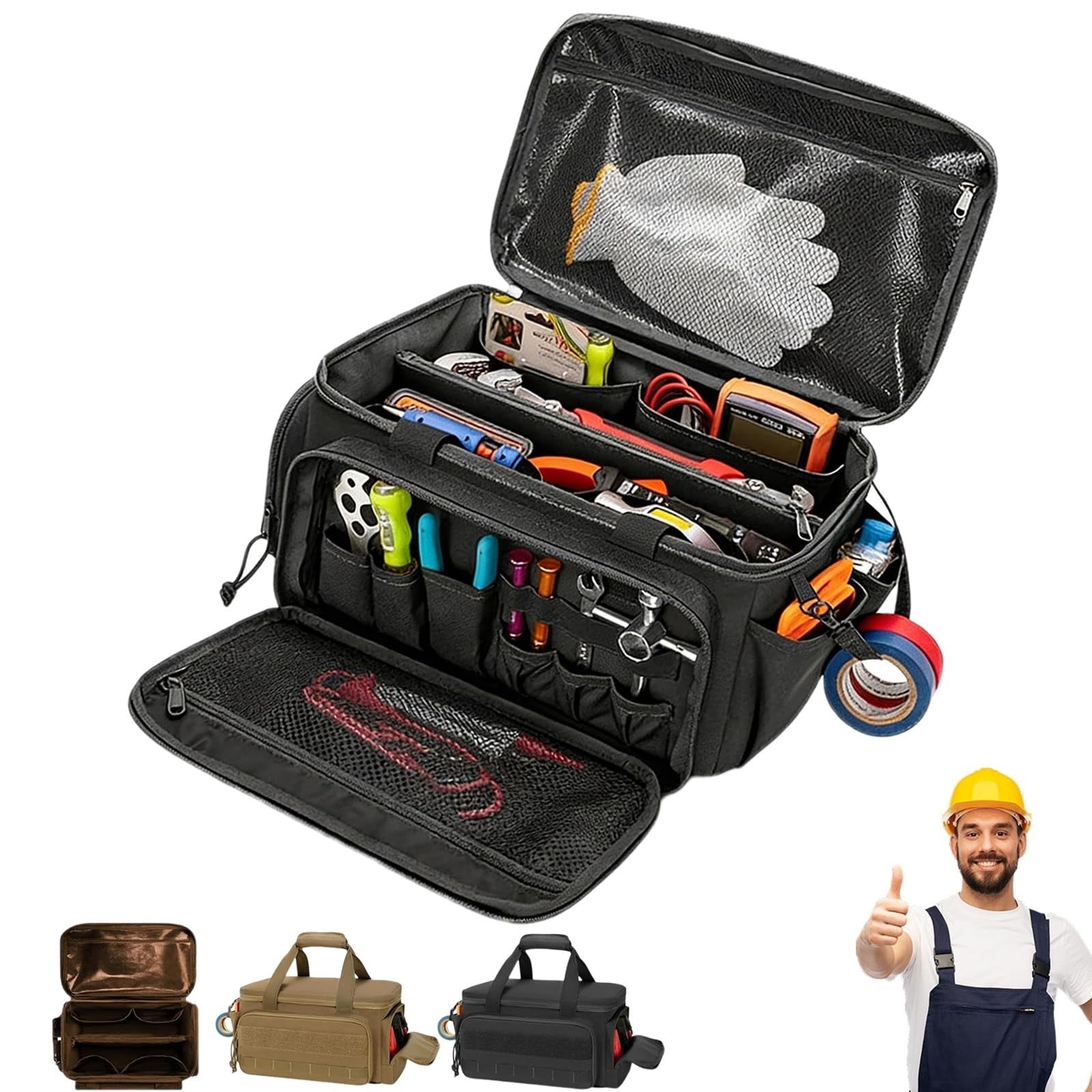 14-Inch Heavy-Duty Canvas Tool Bag, Tool Pouches With Compartments, Heavy Duty Large Utility Bag With Anti-Friction Bottom for Electrician Repairman Carpenter Handyman