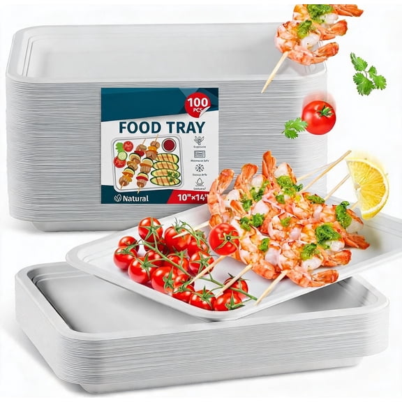 14 Inch Heavy Duty Compostable Paper Food Trays 100 Pack White