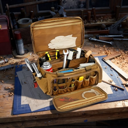 14 Inch Heavy Duty Tool Bag Portable Storage Organizer with Multi Pocket Wide Mouth for Repairmen Electrician Carpenter Brown