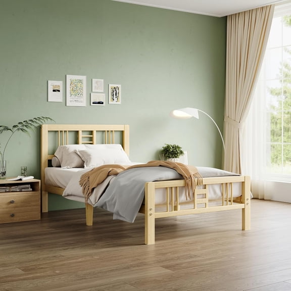 14 Inch High Bamboo Twin Bed Frame with Headboard and Footboard, Wood Bed Frame Twin Metal Slat Support Heavy Duty, No Box Spring Needed, Easy Assembly, Noise Free, Reinforced